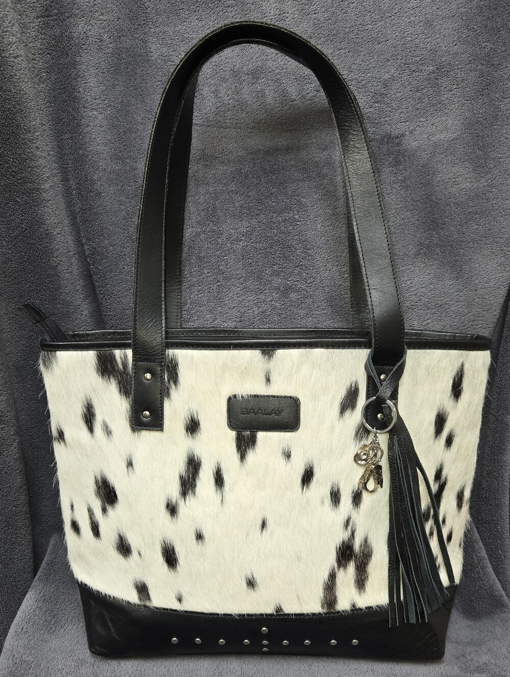 BAALAY Genuine Hair-On Cowhide Leather Tote Black White Western Studded